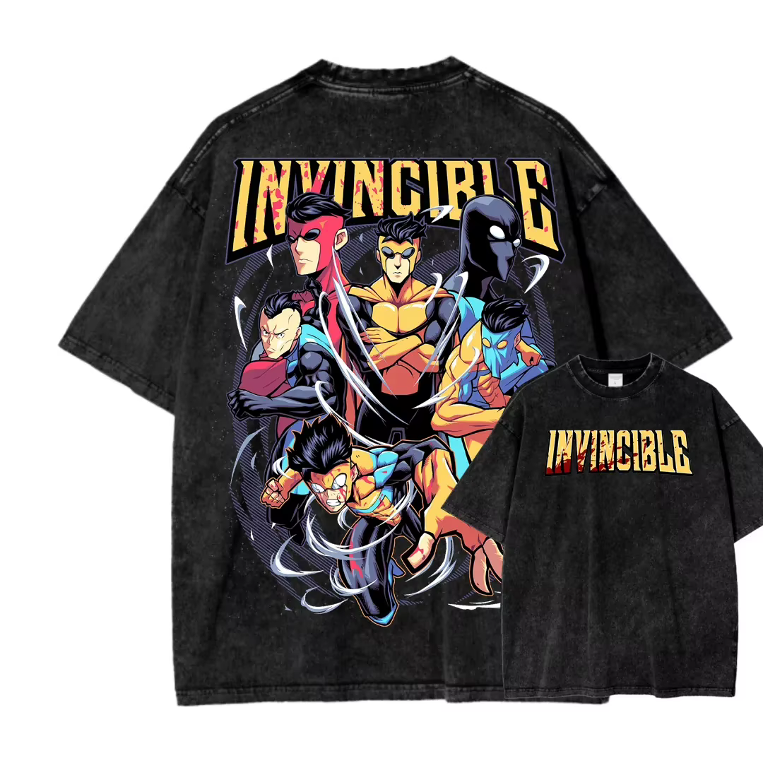 T-shirt en coton à col rond imprimé graphique d'anime de super-héros Invincible