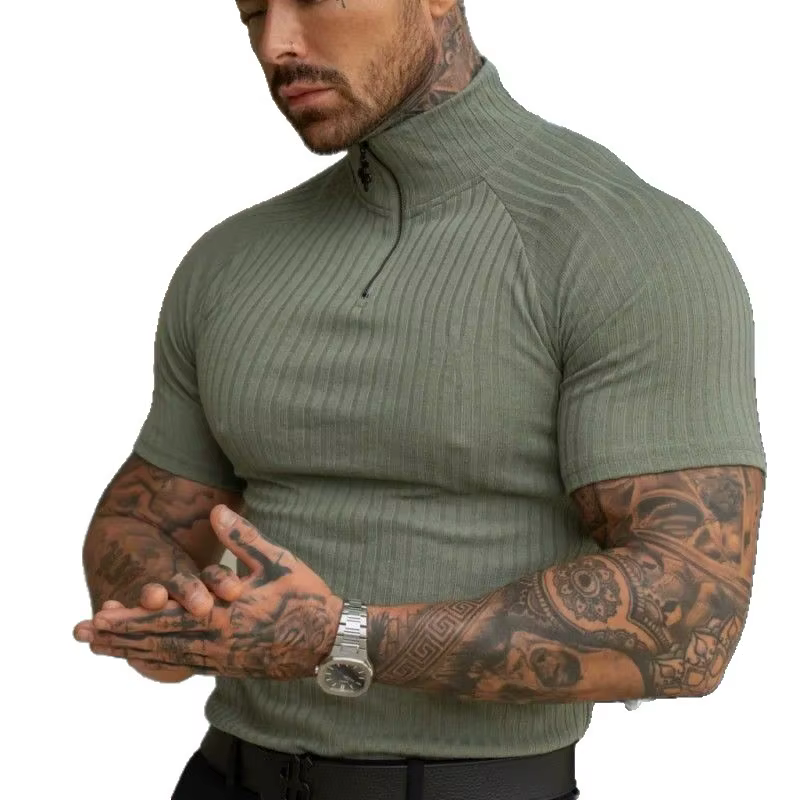 Polo élastique ajusté pour homme – T-shirt d'été tendance à col montant zippé
