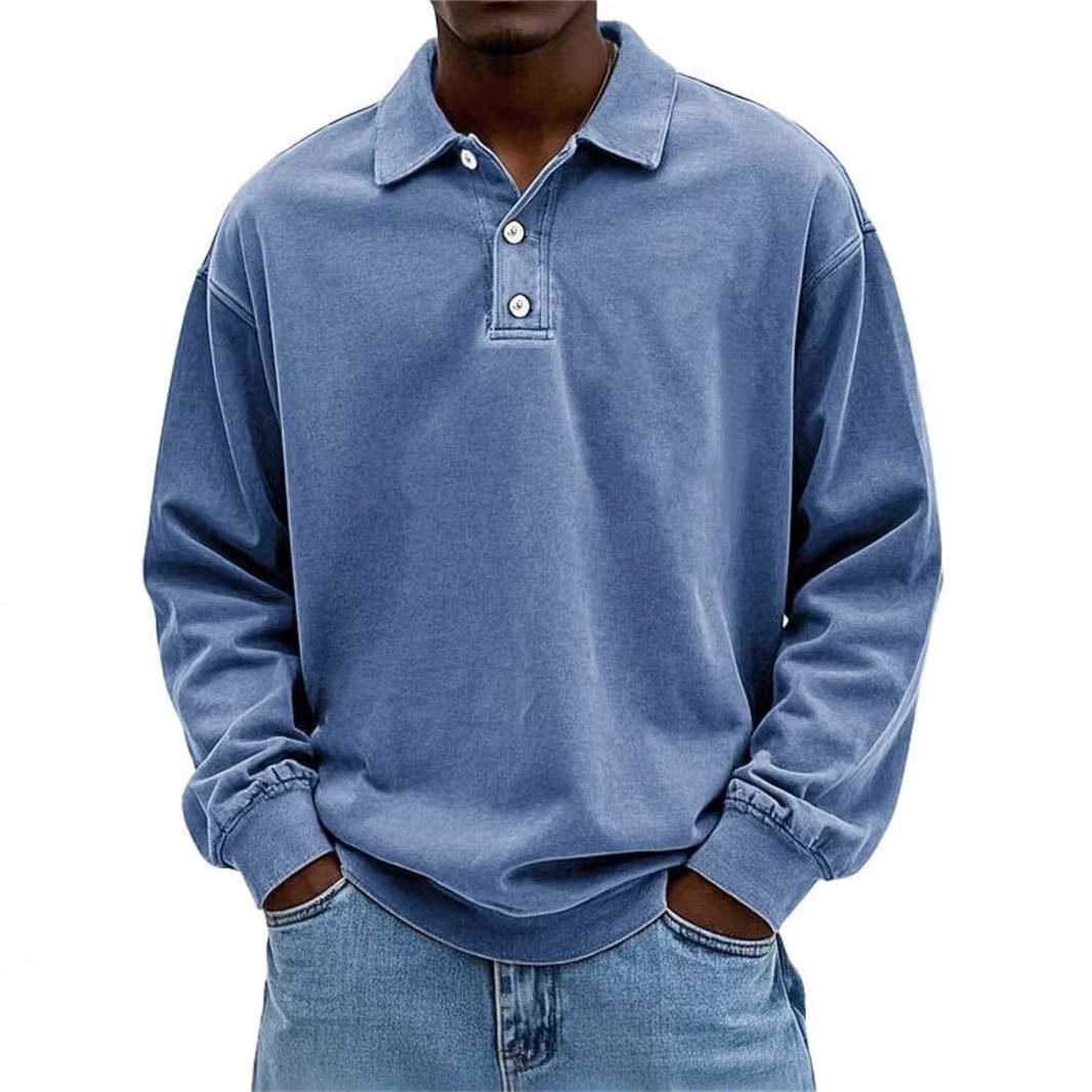 Nouveau T-shirt Polo Homme 2026 à Manches Longues, Effet Vieilli Lavé