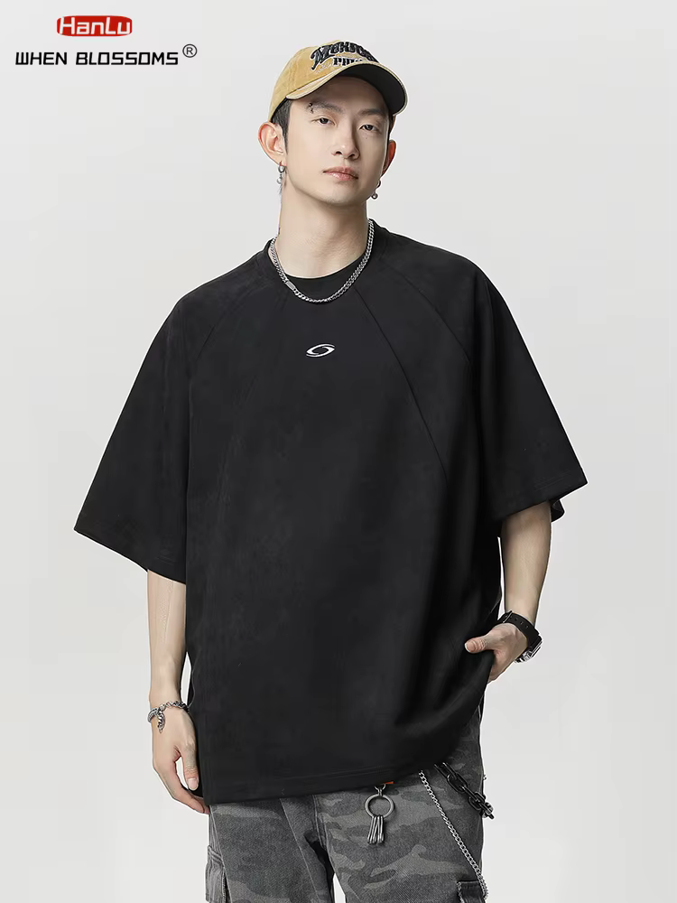 HANLU nouvel été hommes daim T-shirt broderie Vintage Hip Hop surdimensionné
