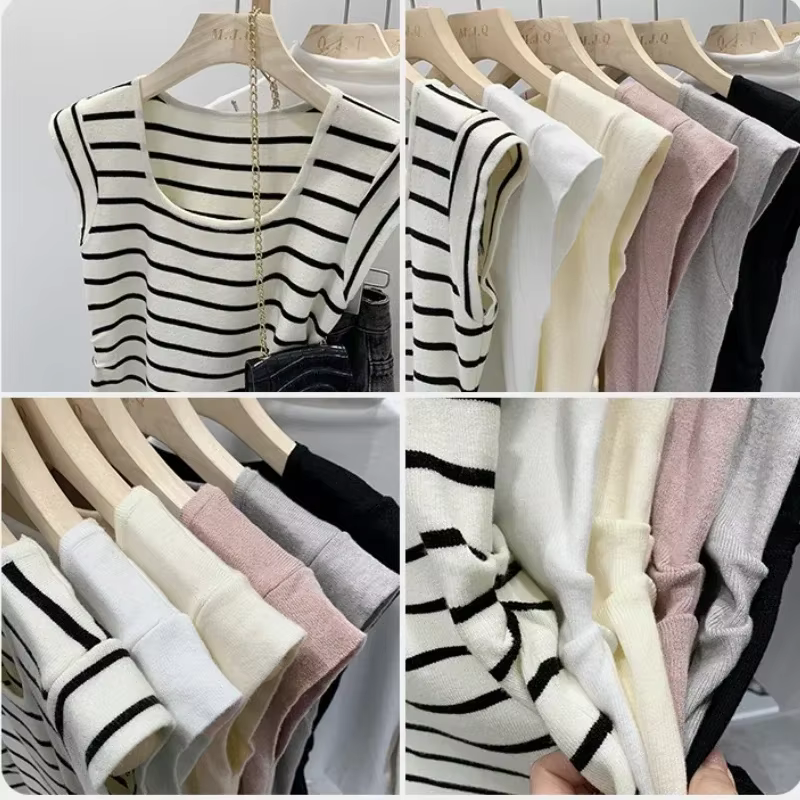 Nouveauté 2026 – Débardeurs rayés tricotés sans manches pour femme – T-shirts courts élastiques et décontractés – Gilets et camisoles ajustés
