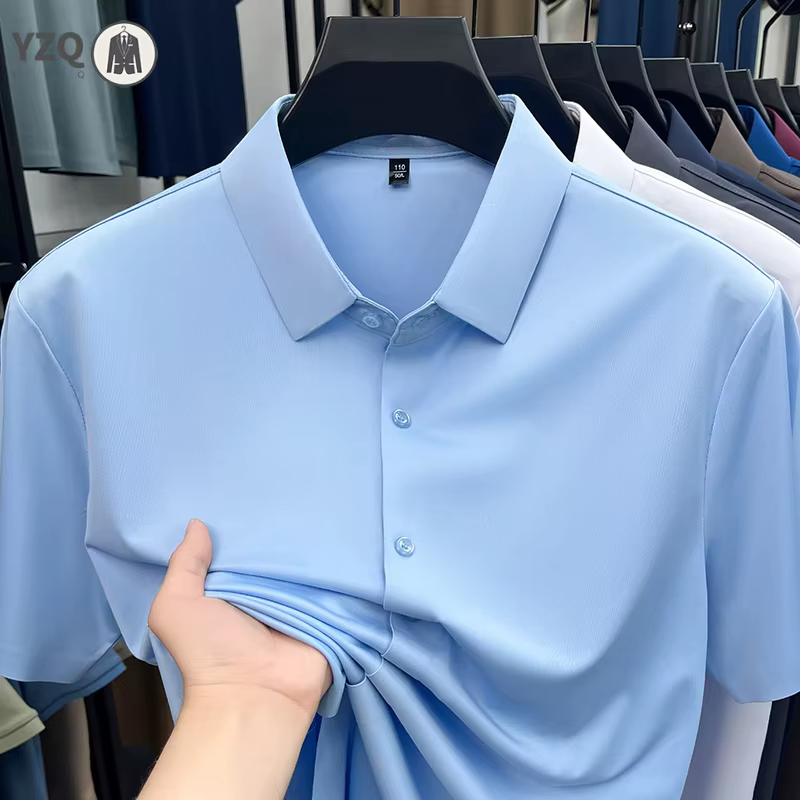 Chemise homme haut de gamme à manches courtes en soie glacée infroissable pour le bureau et le quotidien