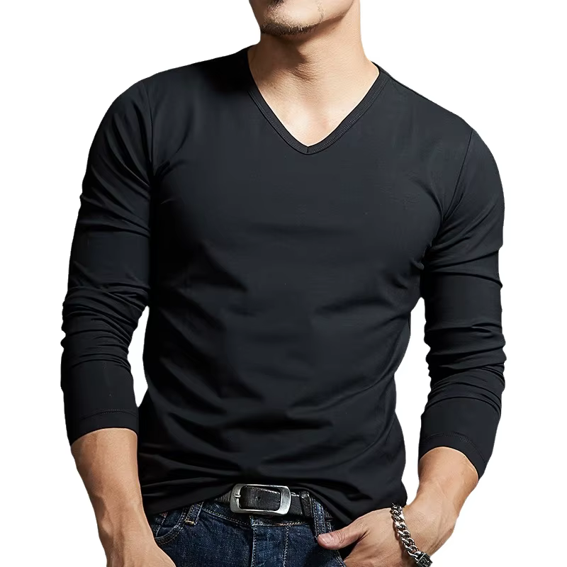T-shirt ajusté à manches longues et col en V pour homme, gris foncé, sous-vêtement moulant, col ras du cou, haut tendance pour l'automne