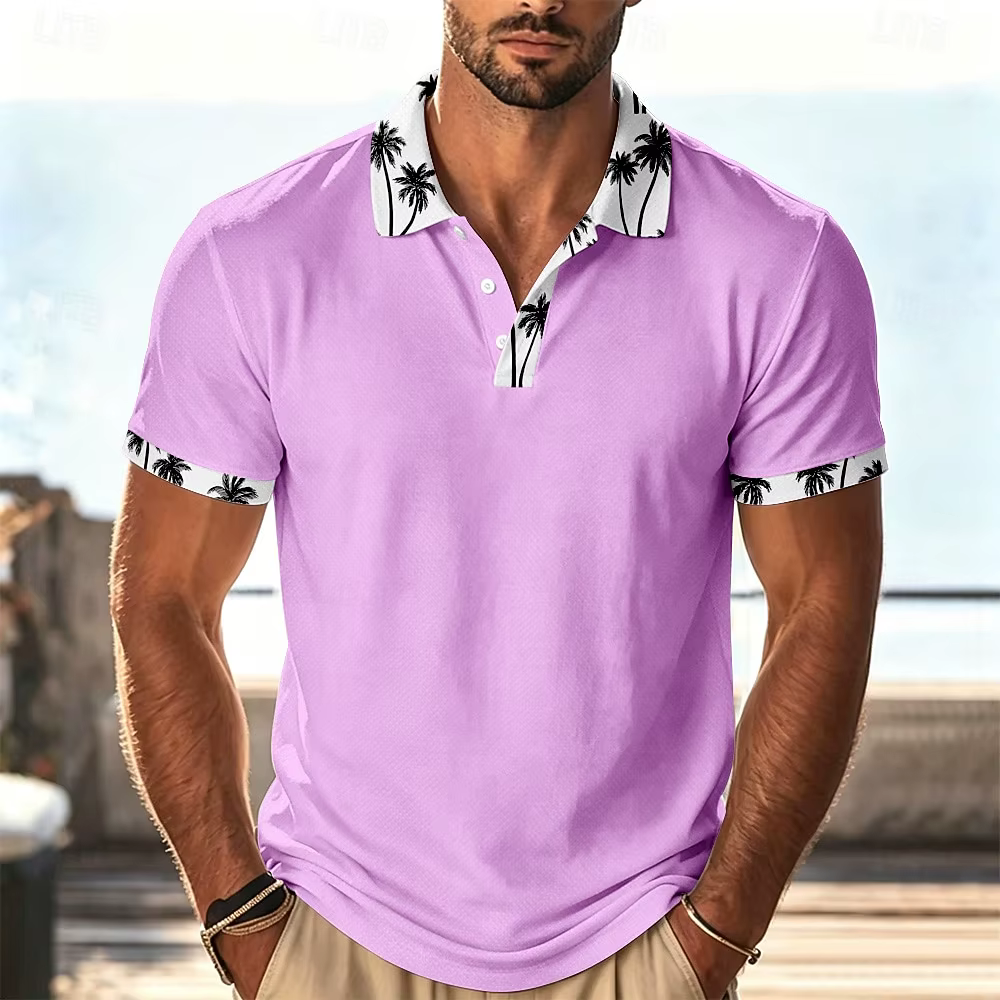 Polo vert menthe pour homme avec col et poignets imprimés palmiers