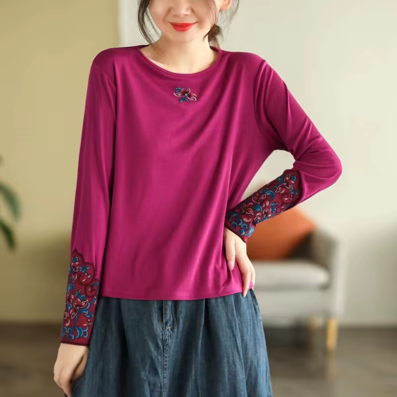 Femmes ethnique broderie à manches longues t-shirt 100% coton coupe ajustée col rond haut automne mode chemise décontractée pour vêtements de base en plein air