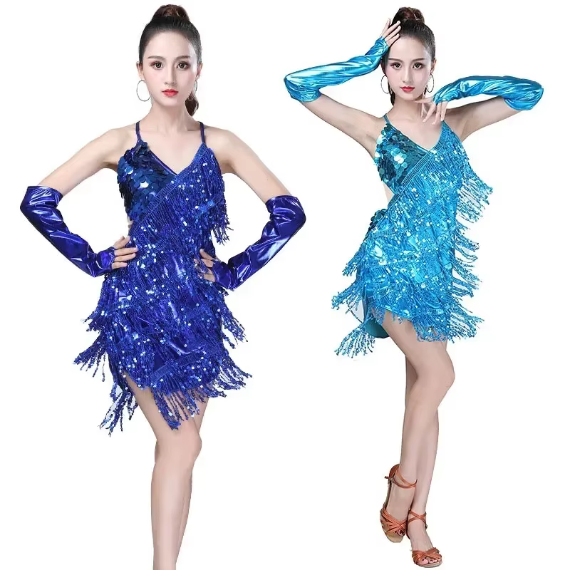 Nouvelle jupe de danse latine manches avec 3 Sexy et à la mode col en v frange paillettes dos nu robe de spectacle sur