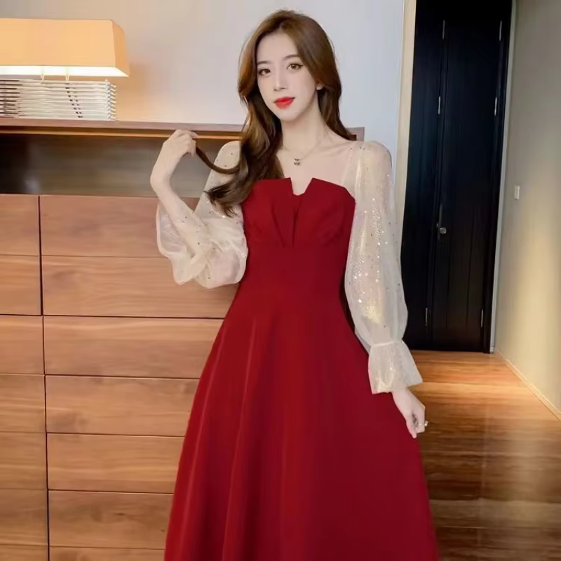 Robes rouges pour femmes fête Style coréen élégant luxe élastique en ventes pleine haute qualité bal soirée femme robe à manches longues