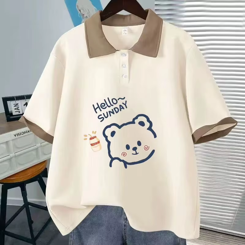 Mode col Polo à manches courtes T-shirt mignon ours en peluche haut ample femmes
