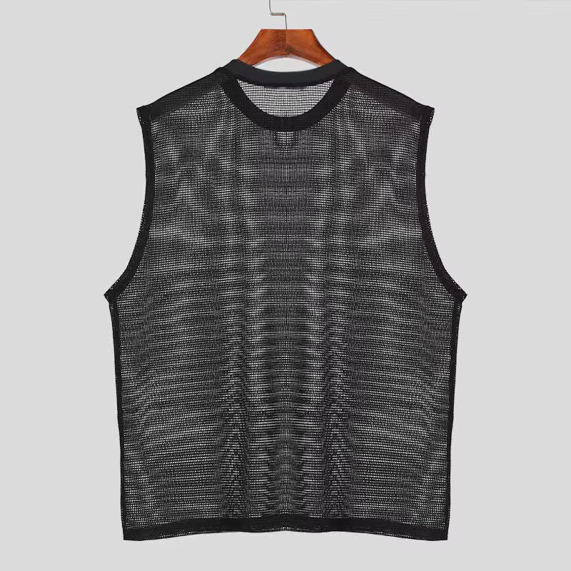 Mode hommes hauts réservoir creux Sexy maille pure Perspective gilet filet de pêche Muscle sans manches voir à travers les t-shirts pour homme