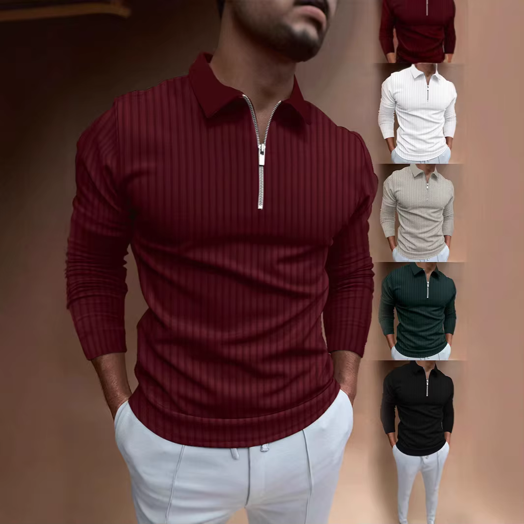 Polo pour hommes avec col, rayures, manches longues et fermeture éclair
