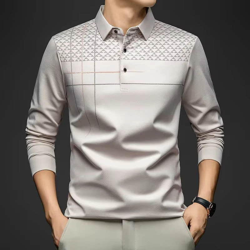BROWON marque de luxe élégant formel Polo t-shirts hommes conception graphique à manches longues col de chemise bureau travail Polo hauts homme vêtements