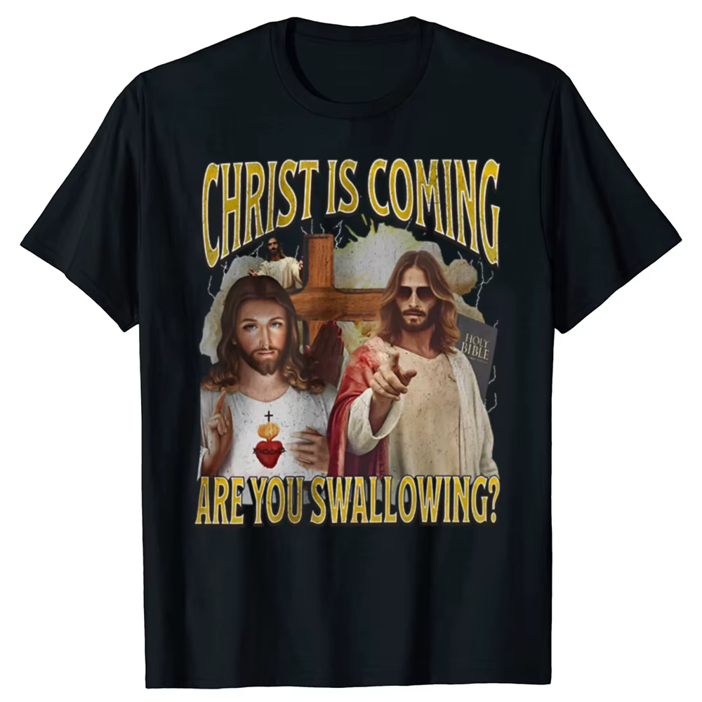 Le Christ arrive vous rondelle drôle offensive jésus graphique T-shirts hommes t-shirt décontracté 100% coton ample