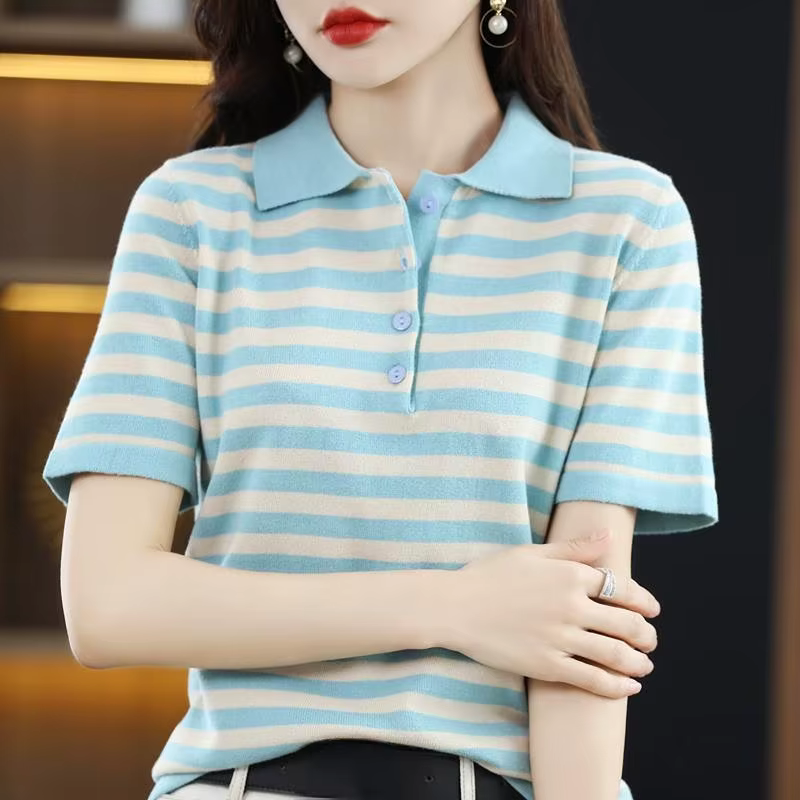 T-shirt femme rayé hauts bouton à manches courtes