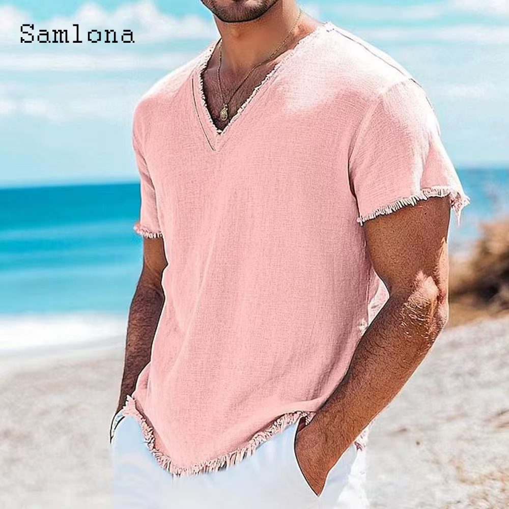 Hommes à manches courtes chemise en lin vêtements 2025 Europe mode haut basique pulls solide blanc vert Blouse