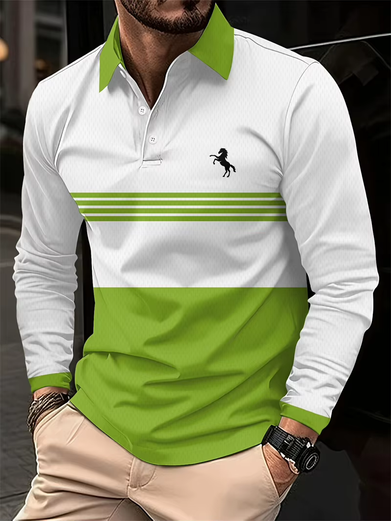 Chemises polo à motif de cheval en couleur contrastée pour hommes Mode d'été Manches longues Chemise