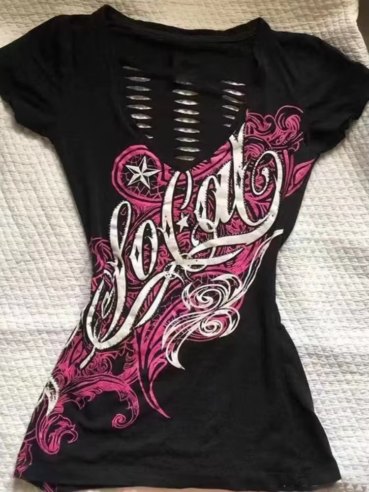 Femmes sous-culture Vintage violet imprimé T-Shirt été Y2k américain rétro mince t-shirts décontracté Harajuku Grunge hauts à la mode nouveau