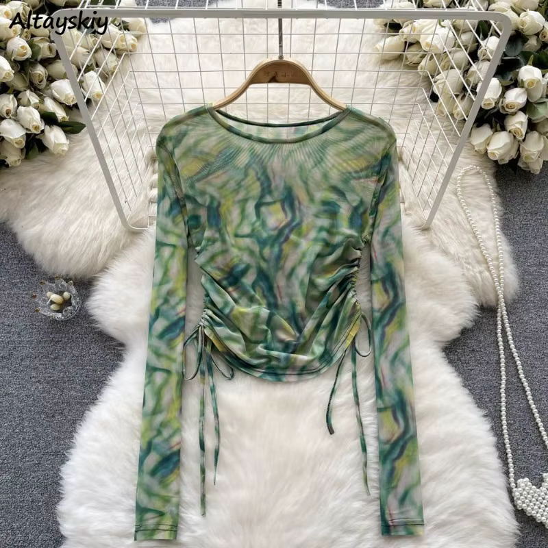 Vinatge Tie-dye T-shirts femmes Sexy mode vacances à manches longues hauts décontracté chemise conception automne printemps femme Streetwear Ins