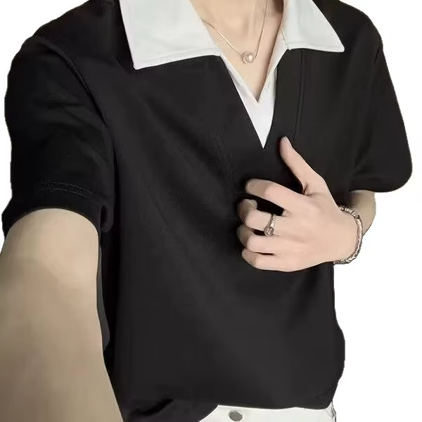 Polo ample col en V style américain pour homme – T-shirt décontracté d'été à manches courtes en polyester – Tendance jeune