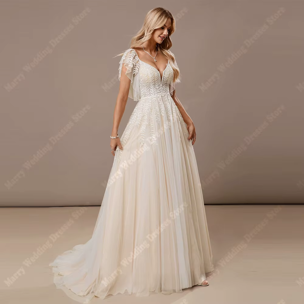 Fascinante femmes robes De mariée Sexy col en v a-ligne Tulle robes De mariée longueur De nettoyage dos nu Banquet Robe De Mariée personnalisé
