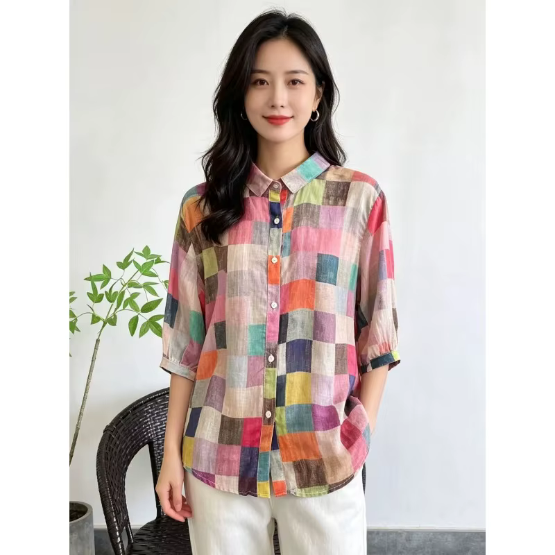 Chemise en coton à imprimé géométrique ethnique pour femmes