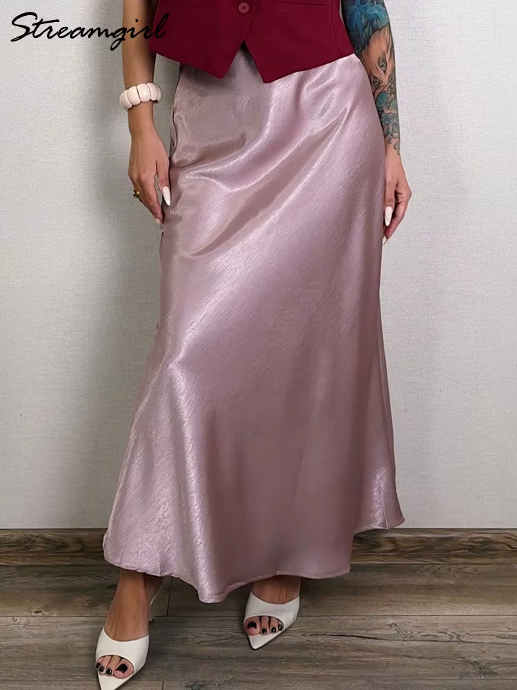 Streamgirl rose soie jupes pour femmes Midi bleu clair jupe Satin haute qualité luxe