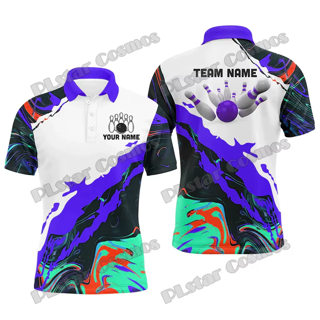 Camo Bowling Ball And Pins Option multicolore Nom personnalisé 3D Imprimé Polo pour hommes Été Unisexe