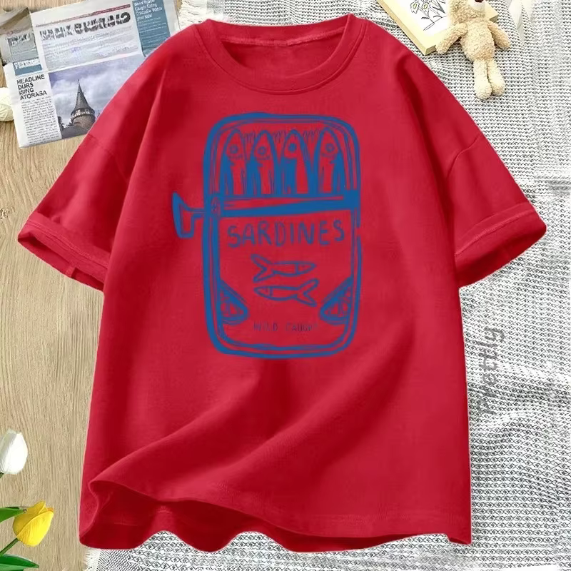 Sardine pêcheur plage imprimé à manches courtes t-shirt décontracté col rond