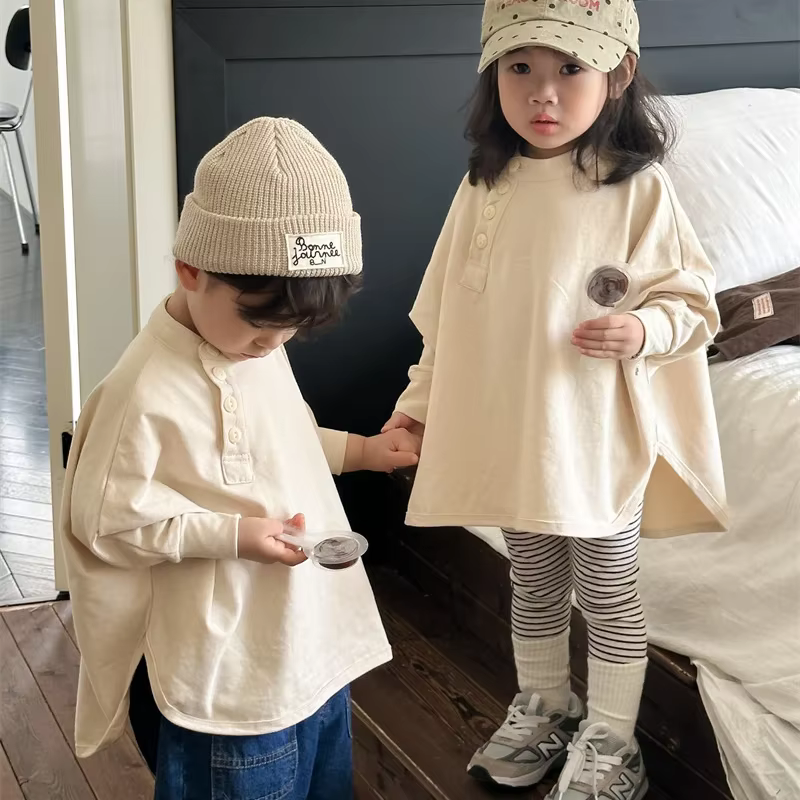 7360 enfants T-shirt automne nouveau coton brossé couleur unie garçon