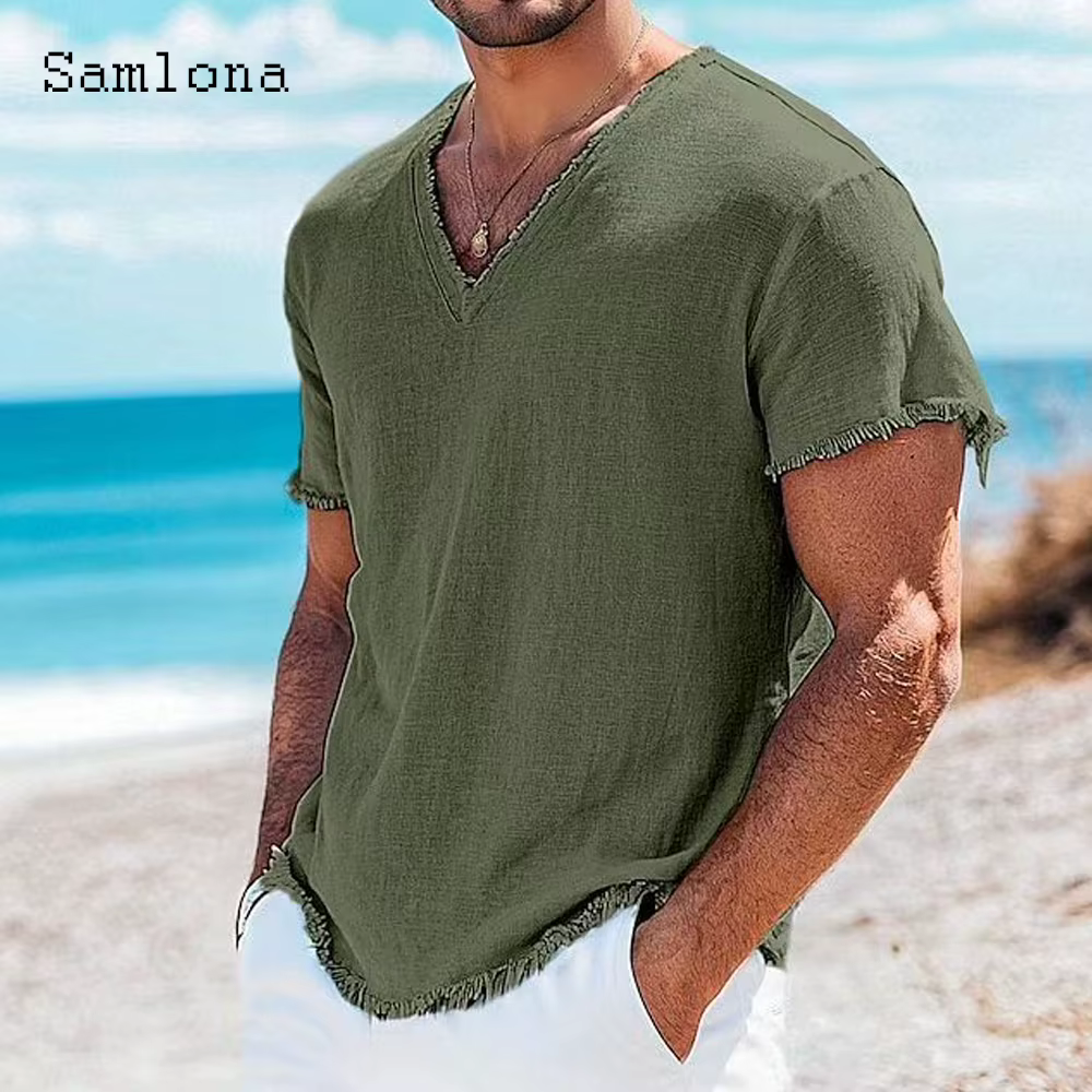 Hommes à manches courtes chemise en lin vêtements 2025 Europe mode haut basique pulls solide blanc vert Blouse