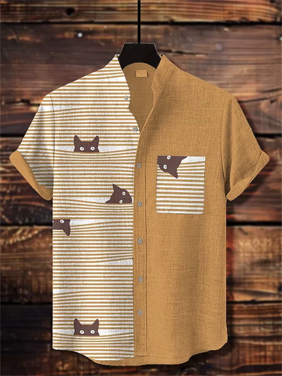 Chemise à manches courtes imprimée sur le thème du chat pour hommes