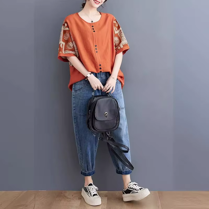 Grande taille coton lin femmes T-Shirt été coupe ample imprimé cinq manches boutonné chemise décontractée à la mode