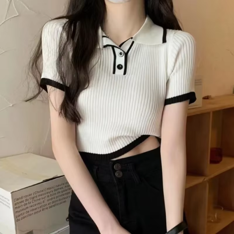 T-shirt en tricot à col polo à manches courtes pour femme, couleur contrastée, tricot côtelé, crop top, polo, tenue preppy d'été pour écolière