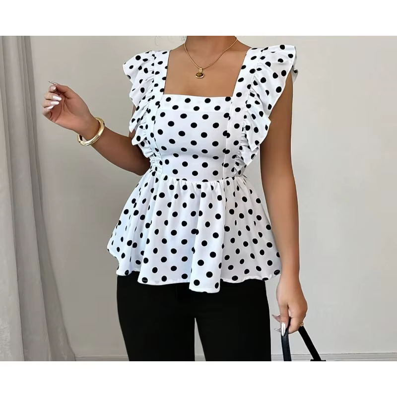 T-shirt à col carré, motif pois