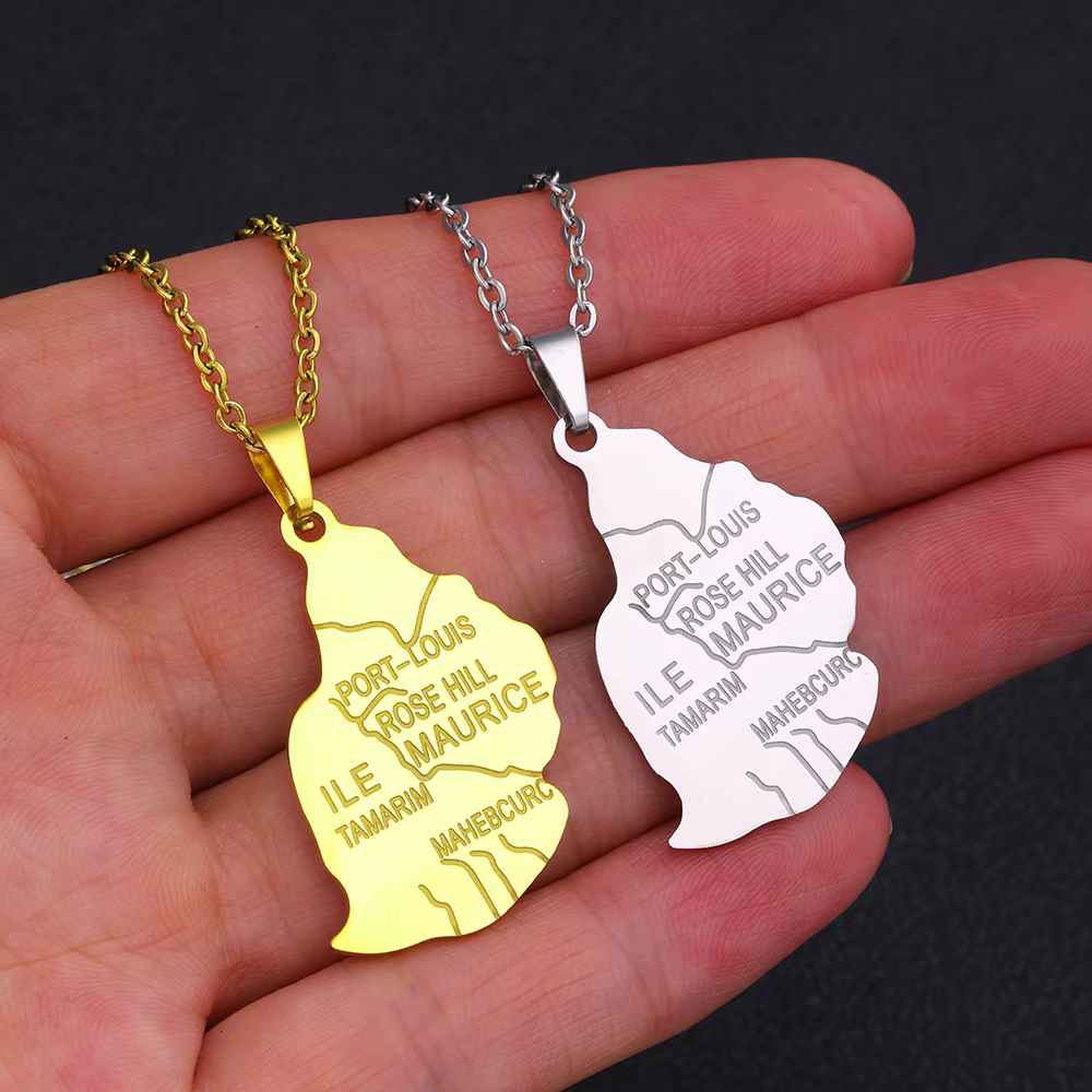 ILE Lung Map City Pendentif Collier pour Homme et Femme, Acier Inoxydable, Or, Argent, Document, Afrique, Maurice, Cartes, Bijoux, Cadeau