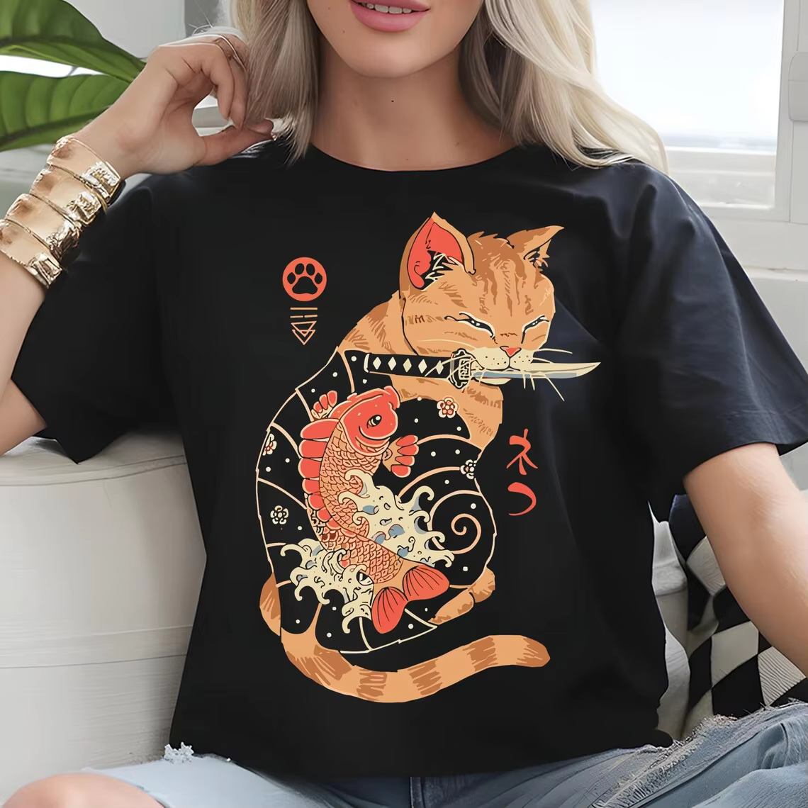 Chat japonais imprimé T-shirts femmes Manga graphique haut col en o Harajuku t-shirt femme vêtements haut tendance