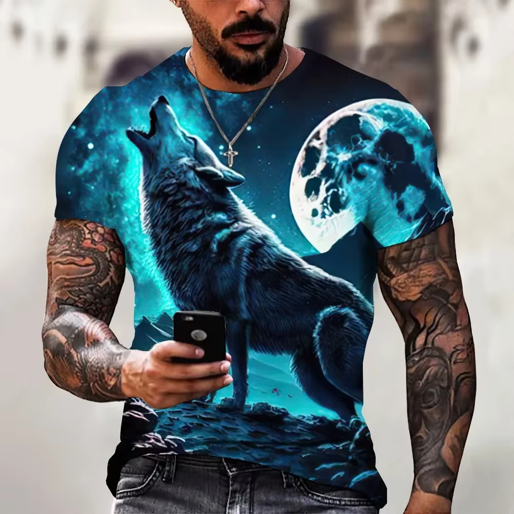 2025 loup T-shirt pour hommes imprimé Animal à manches courtes haut 3D décontracté rue homme T-shirt surdimensionné T-shirt hommes Vintage vêtements