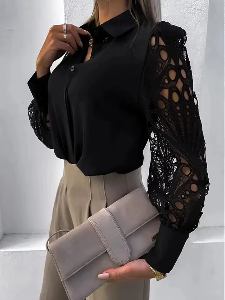 Blanc Sexy dentelle évider femmes Blouse automne printemps haut noir Vintage boutonné chemises à manches longues hauts