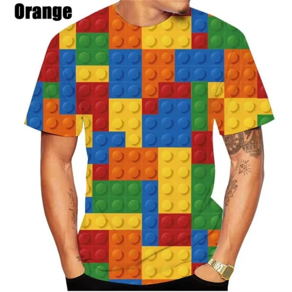 Nouveau T-Shirt blocs de construction imprimé hommes vêtements à manches courtes