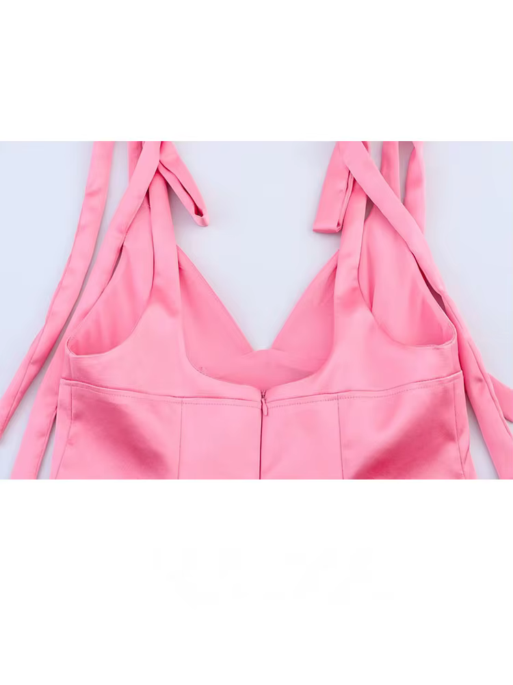 HH femme haut tendance solide col en v sans manches dos nu nœud à lacets décorer fermeture éclair femmes été Sexy mince hauts 2 couleurs +