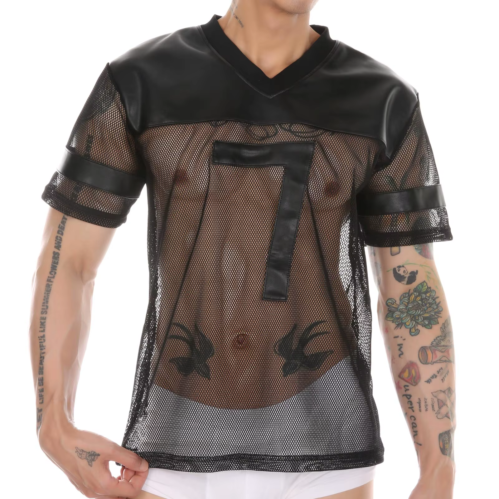 T-shirt sexy en similicuir à manches courtes pour homme