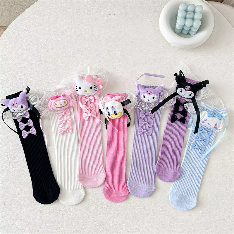Chaussettes hautes imprimées Kuromi mignonnes pour femmes et filles, chaussettes longues en coton doux à motif de dessin animé Kawaii, décontractées pour le quotidien, vente en gros
