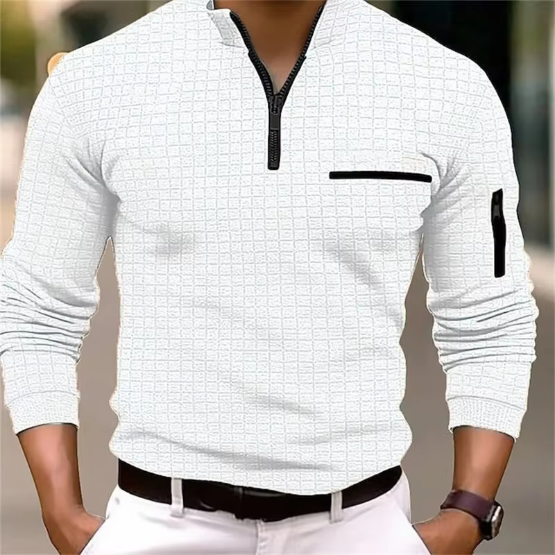 Nouvelle chemise POLO rayée à manches longues pour hommes avec col zippé