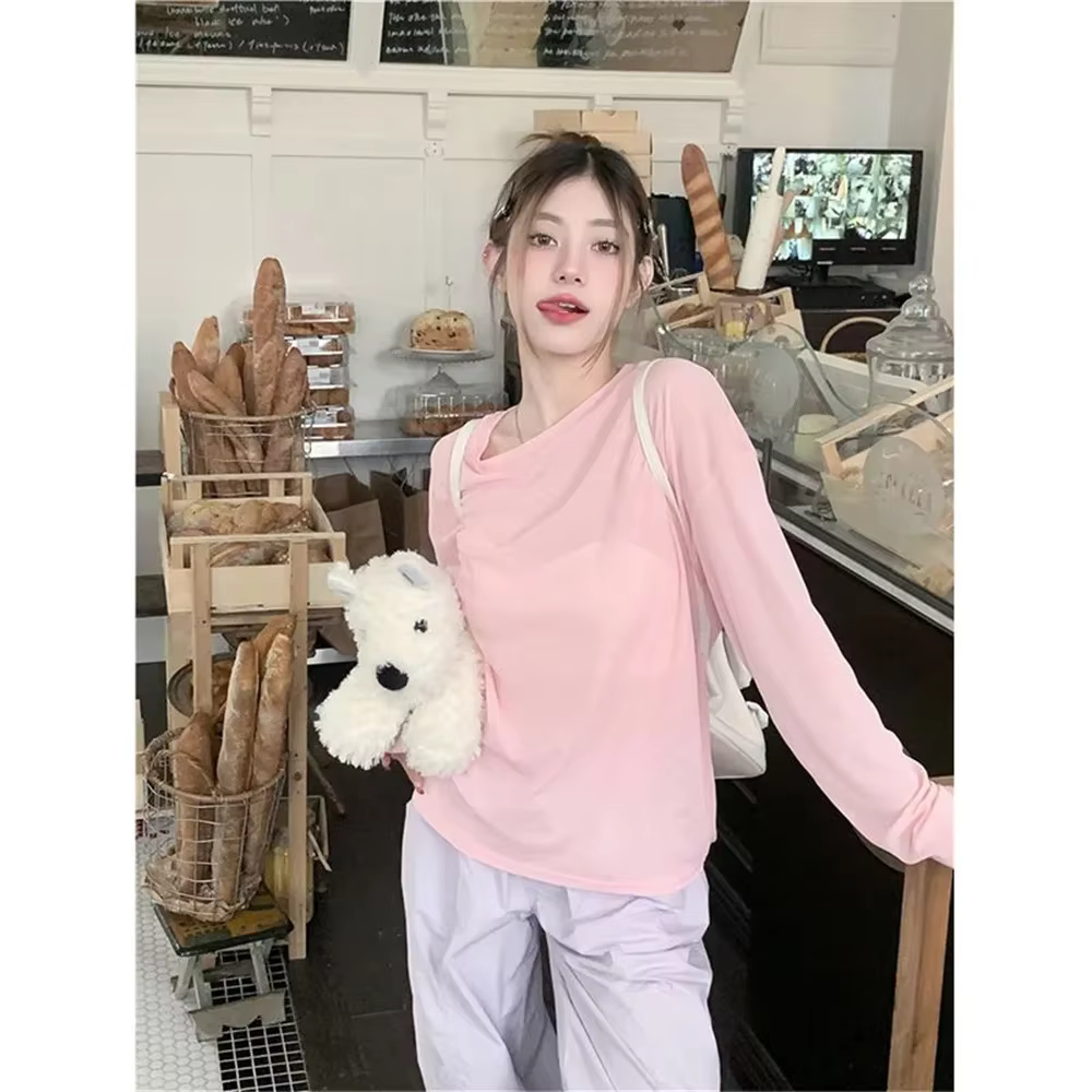 2025 T-shirt ample femmes élastique basique T-shirts femme décontracté hauts à manches longues Sexy mince