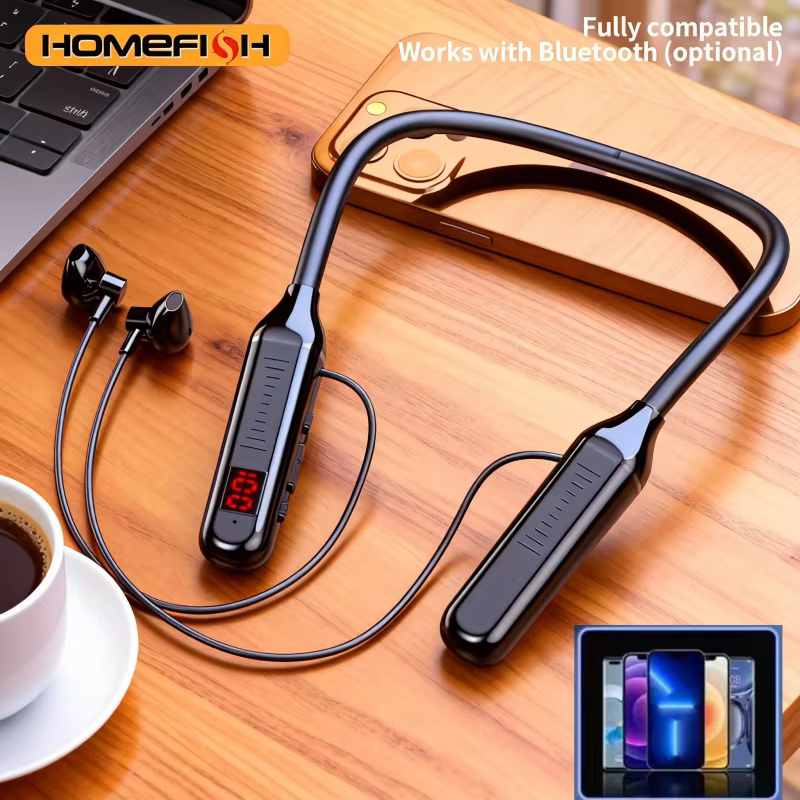 Écouteurs tour de cou Bluetooth sans fil avec fonction d'affichage numérique, écouteurs stéréo de sport semi-intra-auriculaires de grande capacité