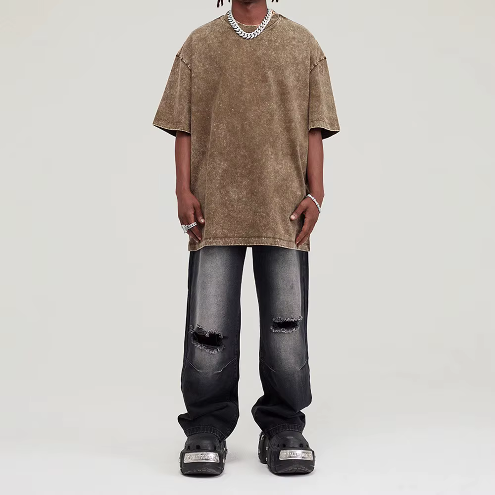 Streetwear lavé en détresse T-shirt pour hommes surdimensionné européen et américain épaules dénudées manches coton femmes t-shirts