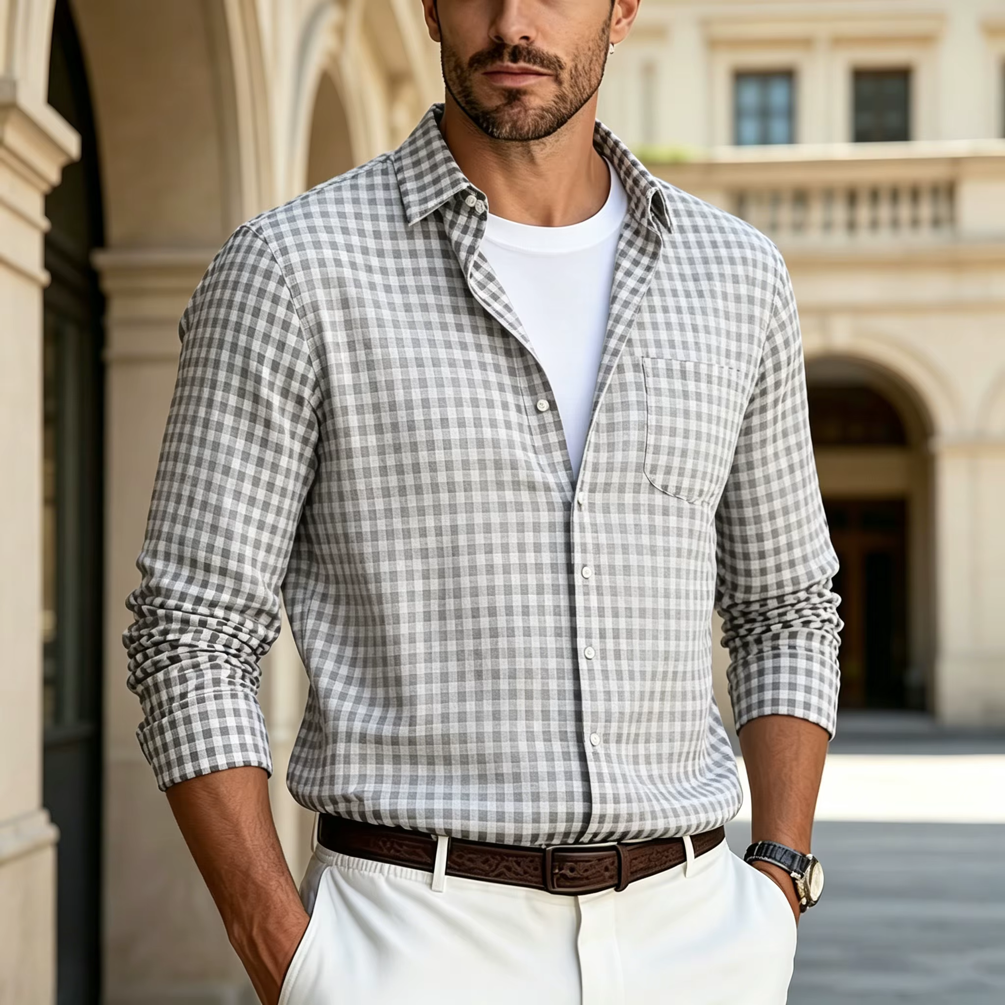 Chemise à carreaux fins à manches longues pour homme