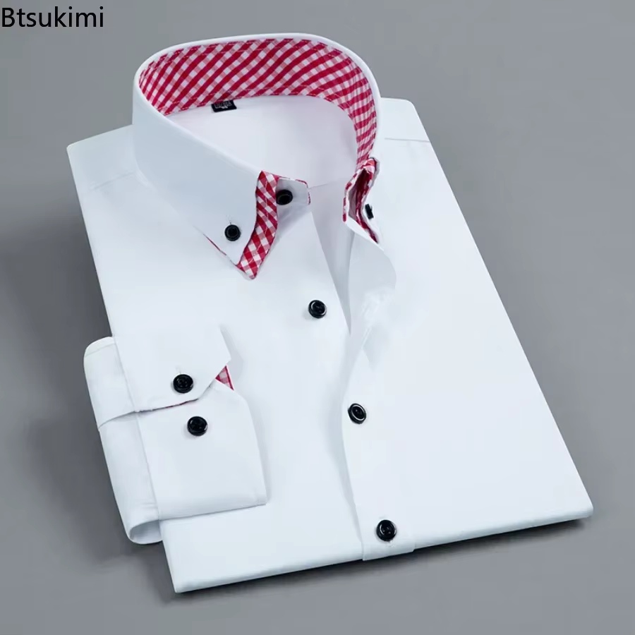 2026 chemise habillée pour hommes Non fer mode Double couche à manches longues affaires formelle coupe régulière bureau Camisa chemises sociales mâle