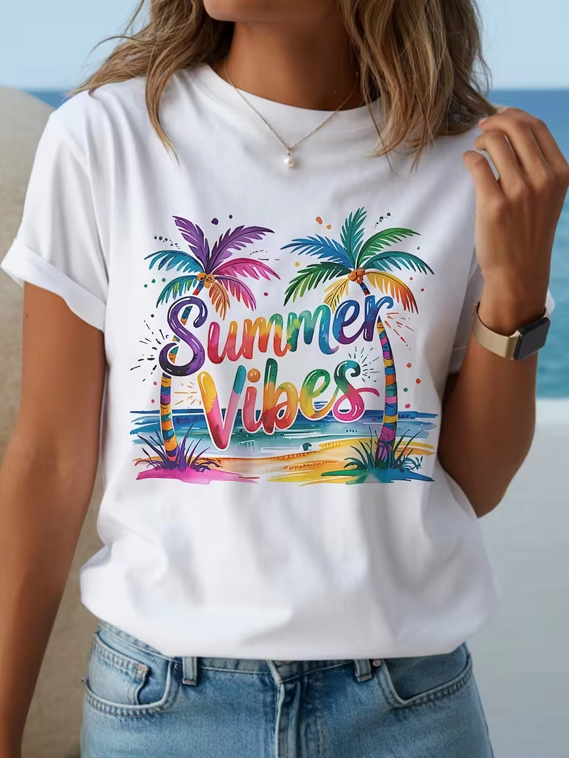 T-shirt de plage tropical beige clair pour femme - Haut d'été à manches courtes et col rond avec motif palmier et ambiance estivale pour le printemps et l'été