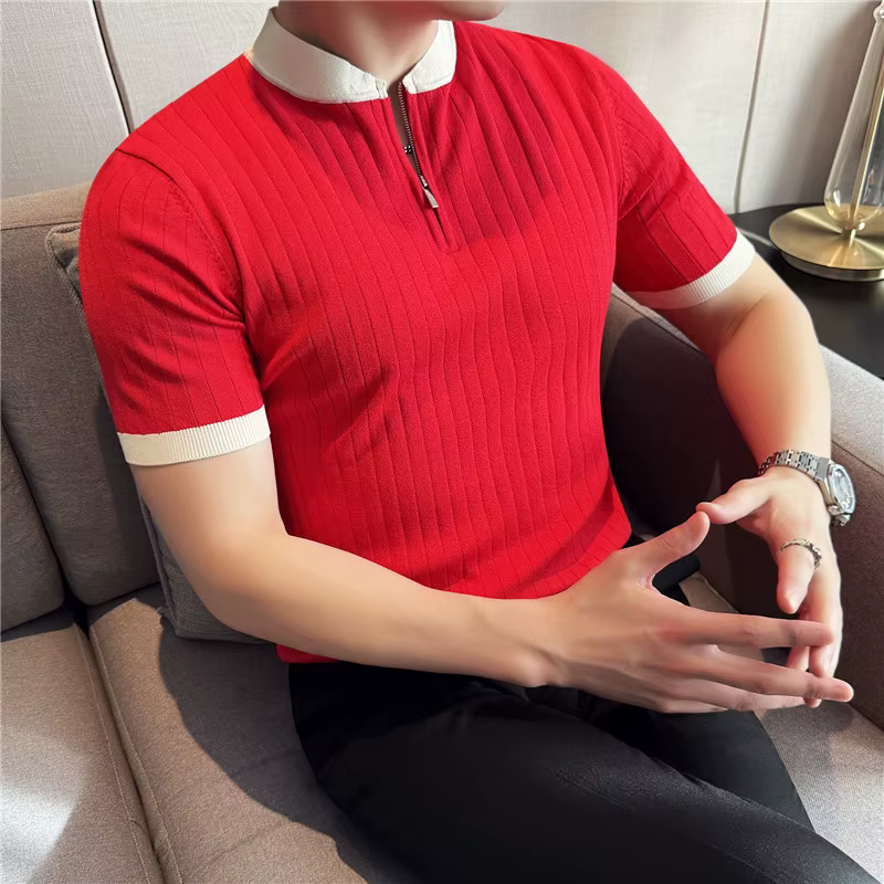 Hommes tricoté Polo Style britannique été léger mince à manches courtes usage quotidien haut t-shirt