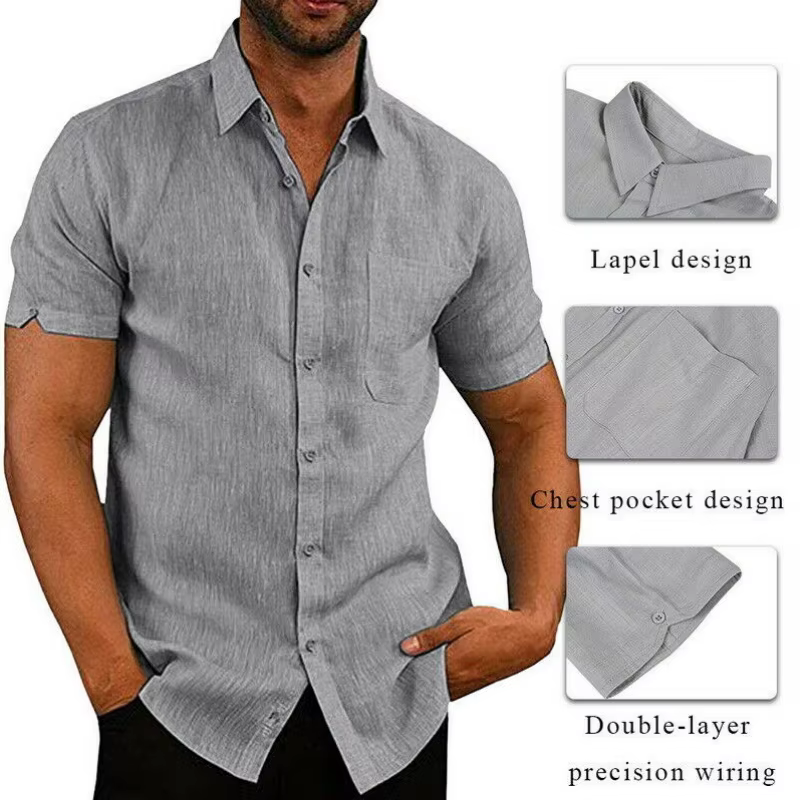 Chemise à manches courtes pour homme en lin mélangé avec poche poitrine
